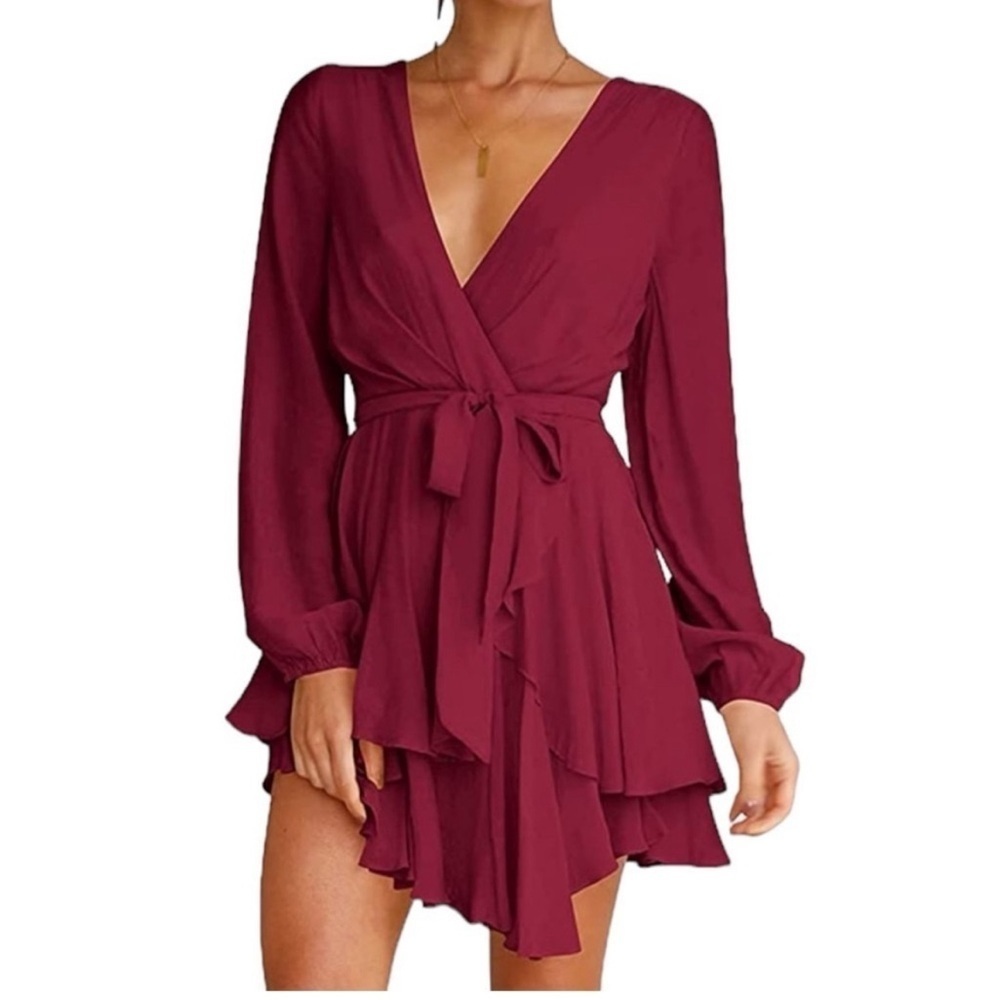 💟 3/$20 Amazon Burgundy Long Sleeve Ruffle Mini Dress Large